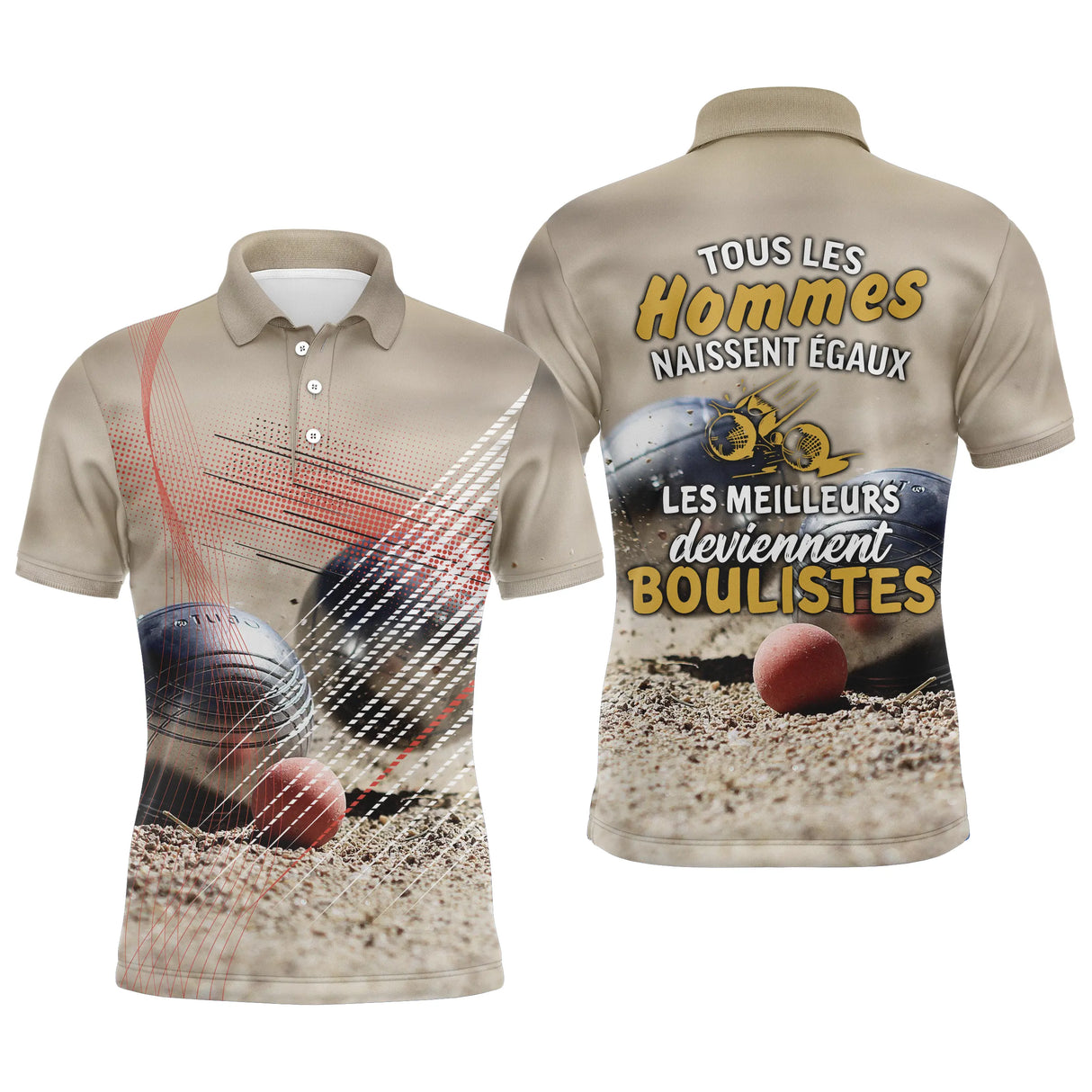Polo pétanque sable beige all over photo réaliste boules en mouvement citation meilleurs boulistes effet poussière