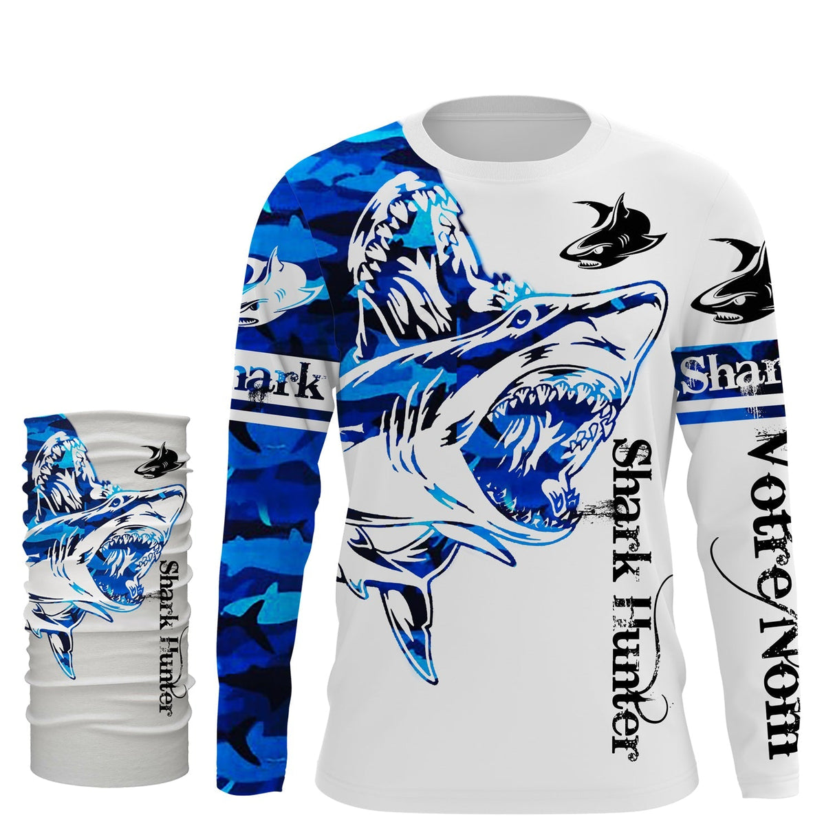 Bandana UV pêche requin Shark Hunter bleu marine prénom personnalisé