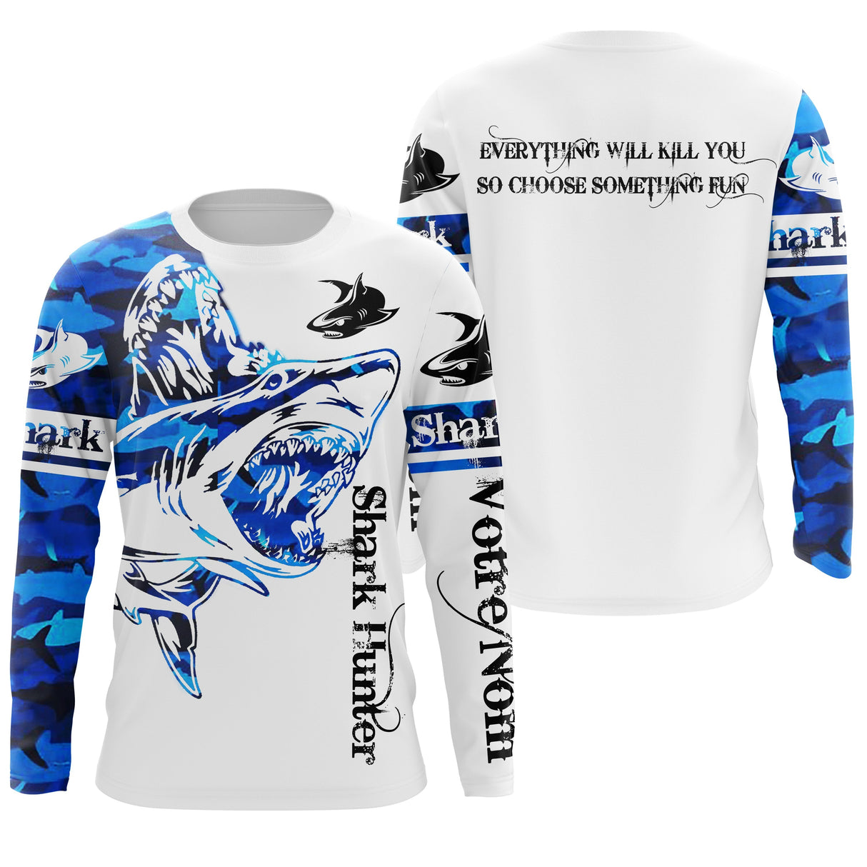 Maillot UV manches longues pêche requin Shark Hunter bleu marine prénom personnalisé