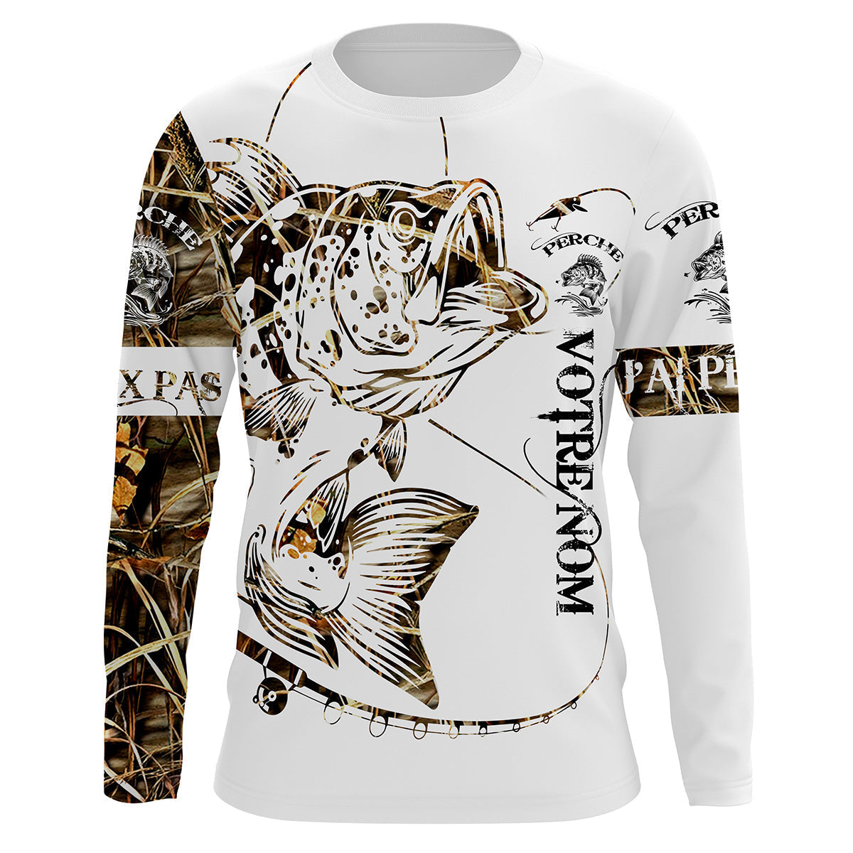 Maillot UV manches longues pêche perche tatouage bicolore blanc camouflage prénom personnalisé