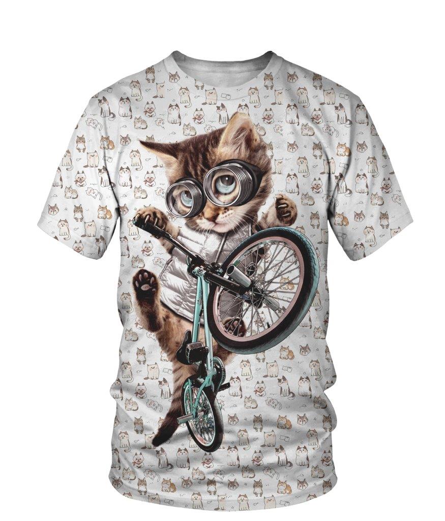 T-shirt all-over unisexe avec chat mignon sur vélo BMX et motif chats répétés en arrière-plan