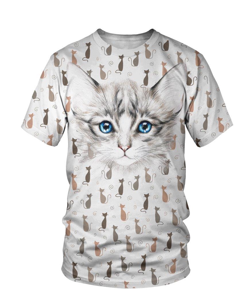 T-shirt all-over unisexe avec chat blanc tigré mignon en gros plan et motif chats répétés en arrière-plan