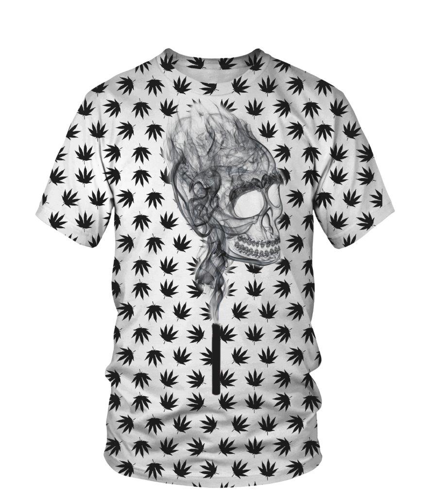T-shirt all-over blanc unisexe avec motif feuilles cannabis répétées et crâne central