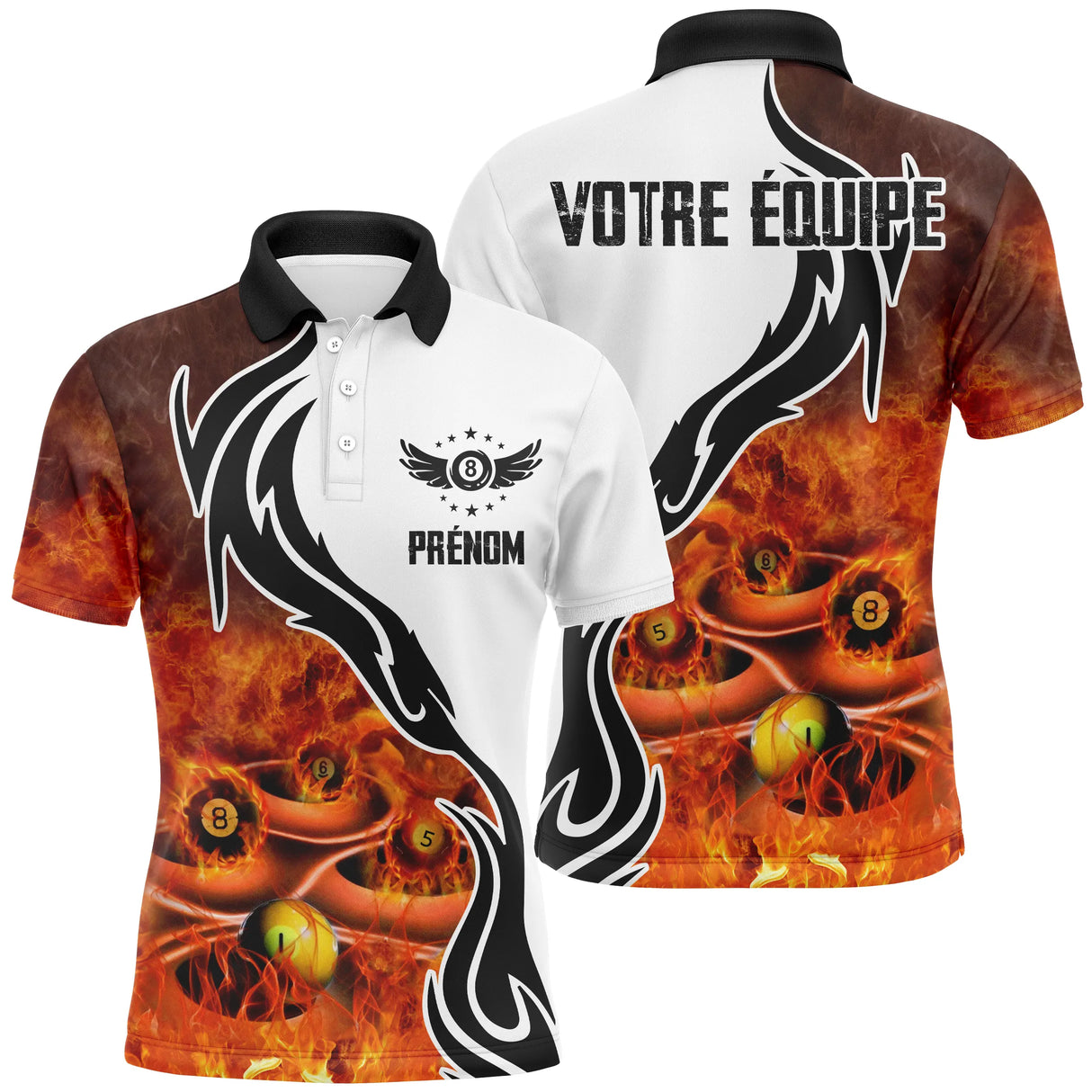 Polo billard blanc et orange homme avec billes de billard en feu et inscription VOTRE ÉQUIPE, prénom et équipe personnalisés