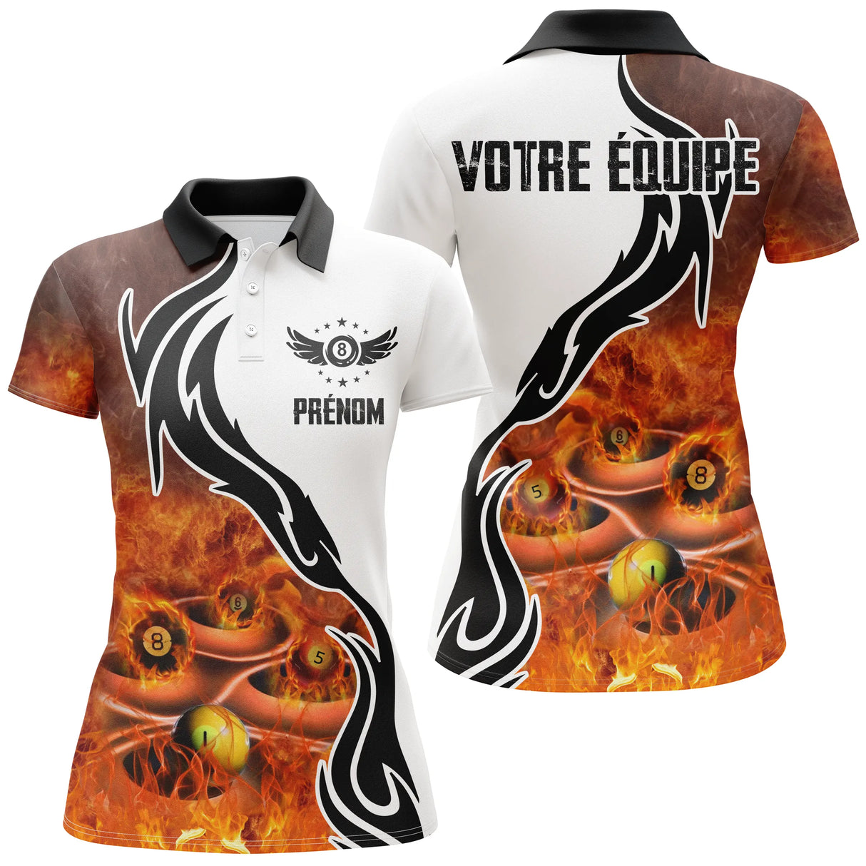 Polo Billard Personnalisé avec Prénom et Nom d'Équipe | Motif Unique Billes de Billard en Feu | Vêtement de Billard Signature - CT01072312 Polo Femme