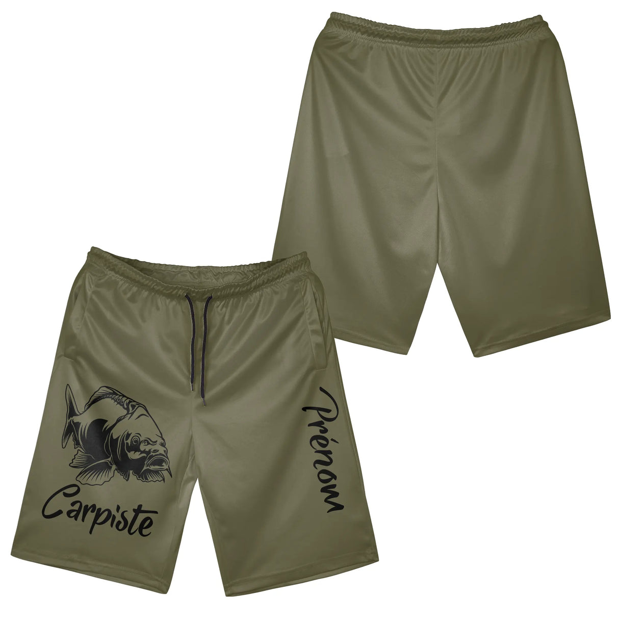Short pêche olive kaki homme avec illustration carpe et inscription Carpiste, prénom personnalisé