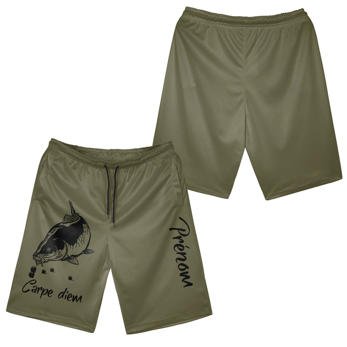 Short pêche olive homme avec illustration carpe et slogan Carpe Diem, prénom personnalisé