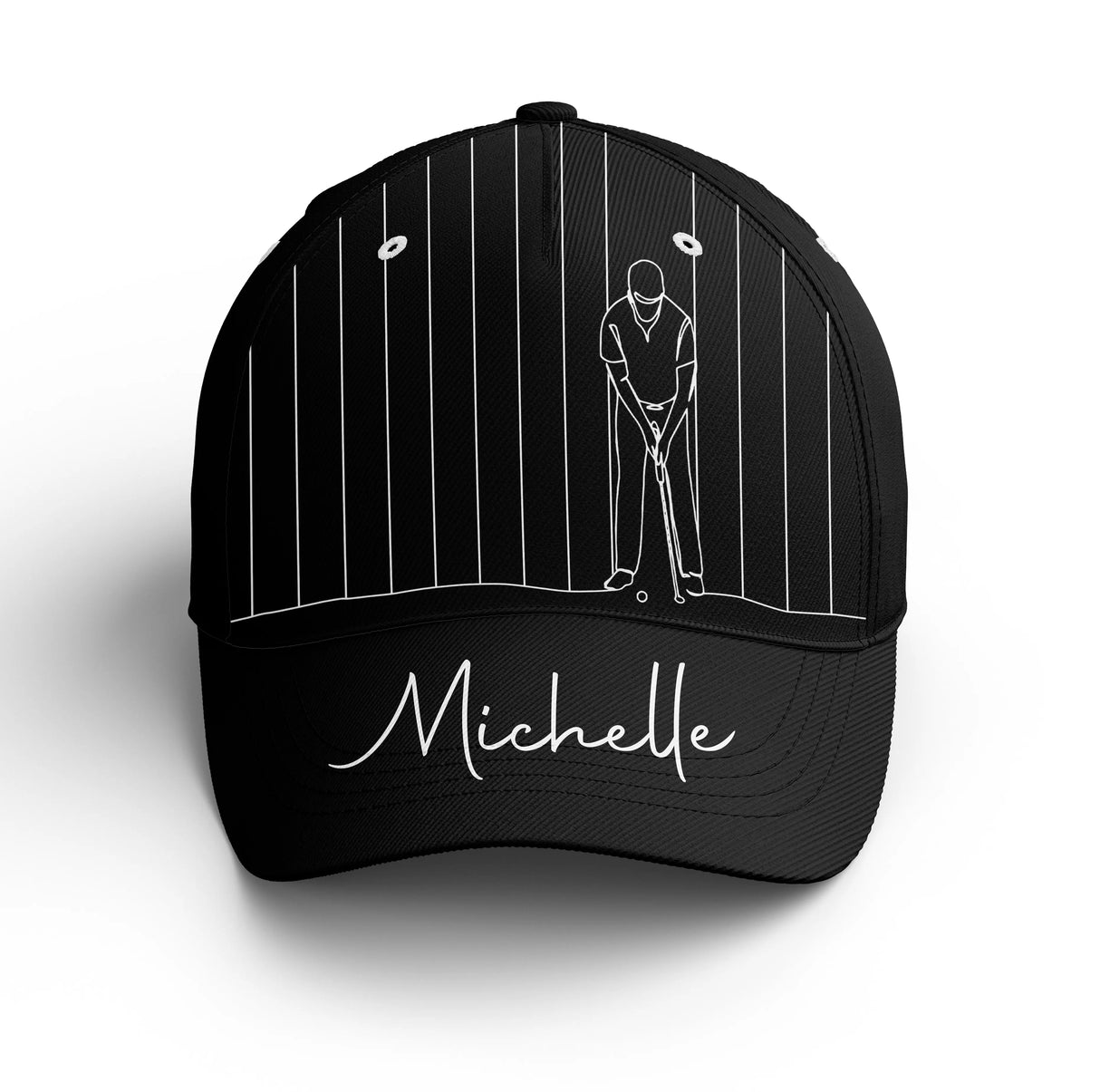 Casquette golf noire golfeur swing minimaliste prénom broderie côté unisexe personnalisée