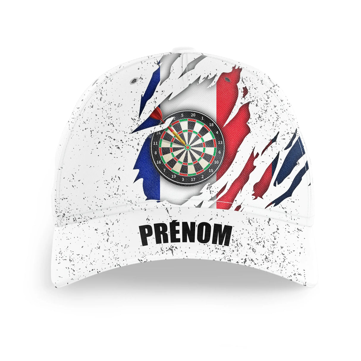 Casquette fléchettes personnalisée blanc bleu rouge avec drapeau France stylisé, vue alternative du marquage prénom