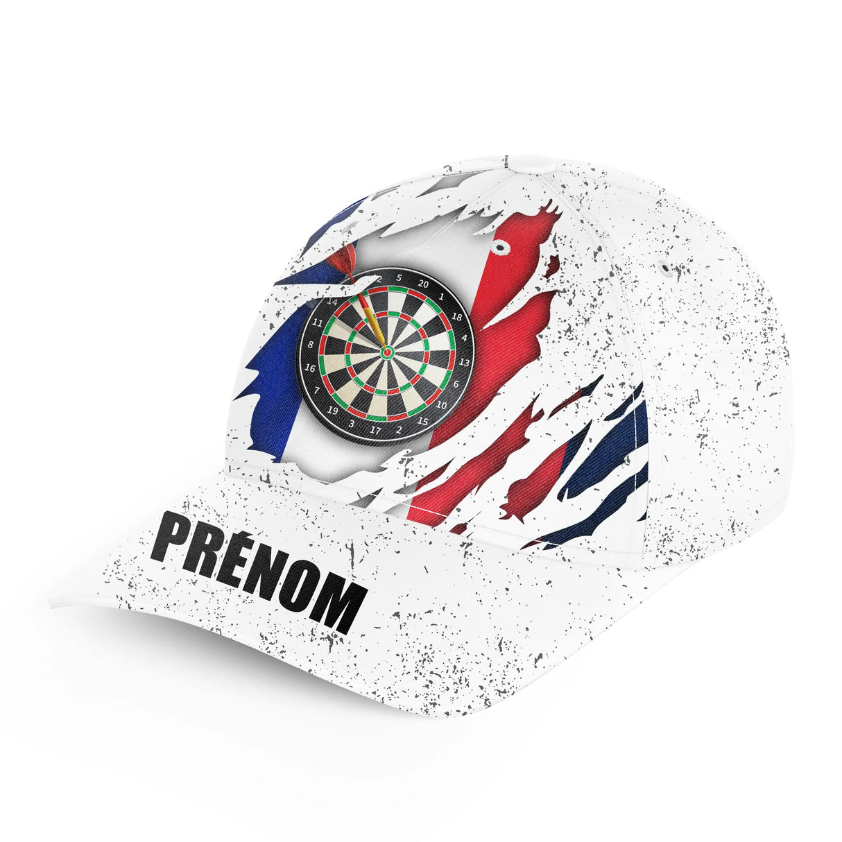Casquette fléchettes France personnalisée blanc bleu et rouge avec cible de darts et prénom imprimé sur la visière