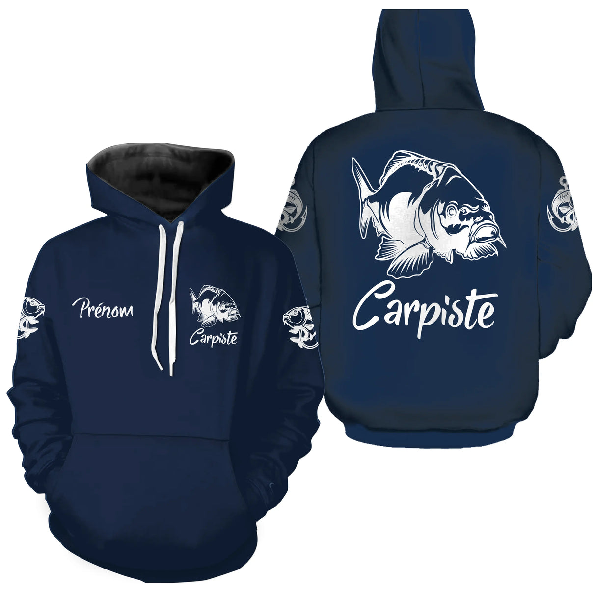 Sweater pêche carpe bleu marine carpiste devant carpe stylisée prénom manche pêcheur personnalisé