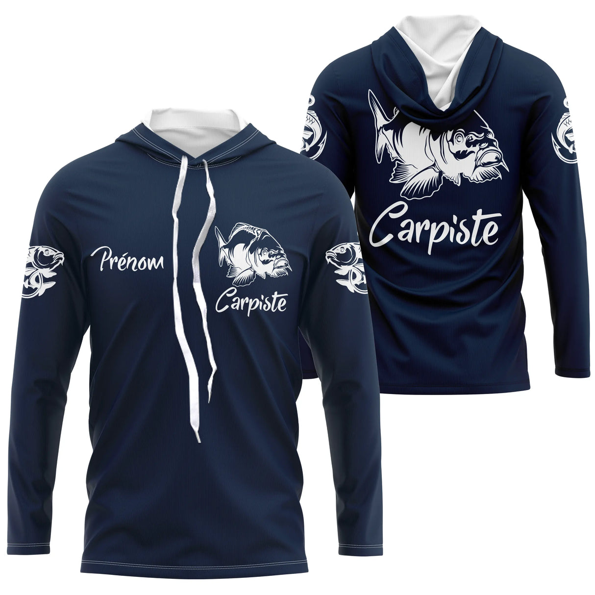 Anti-UV t-shirt manches longues pêche carpe bleu marine carpiste prénom pêcheur personnalisé