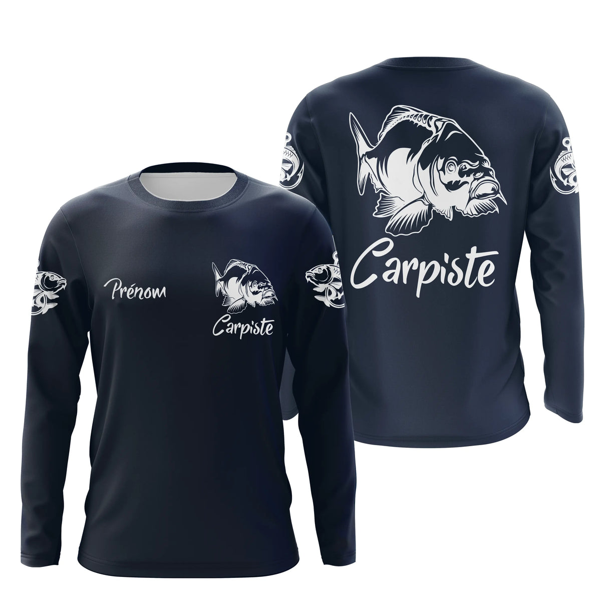 T-shirt manches longues pêche carpe bleu marine carpiste prénom pêcheur personnalisé