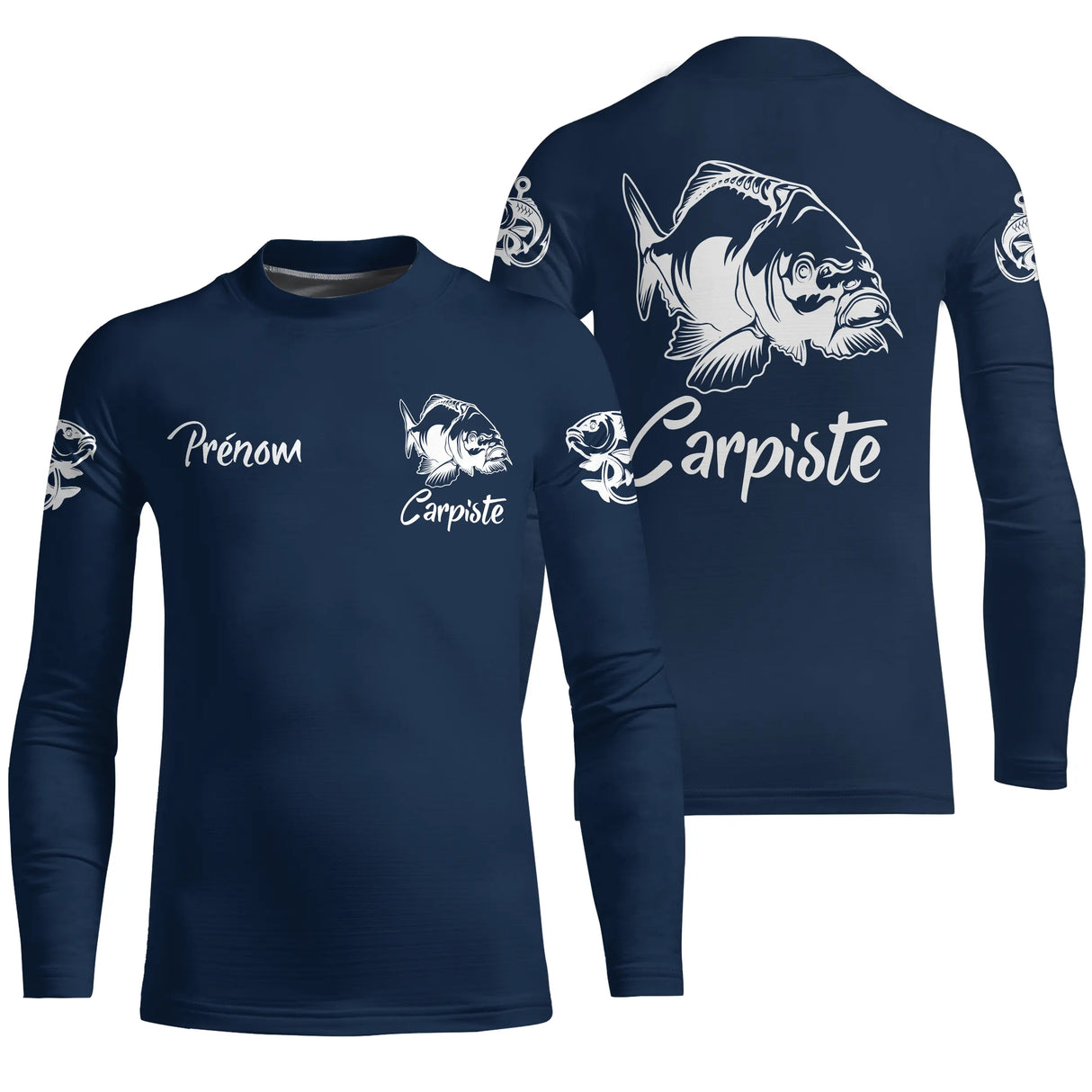 T-shirt enfant pêche carpe bleu marine carpiste devant carpe stylisée prénom personnalisé