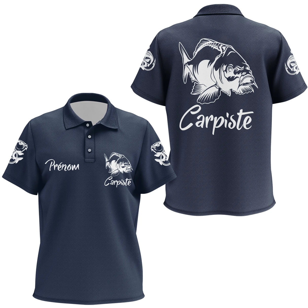 Sweat à capuche pêche carpe bleu marine carpiste devant carpe stylisée prénom manche pêcheur personnalisé