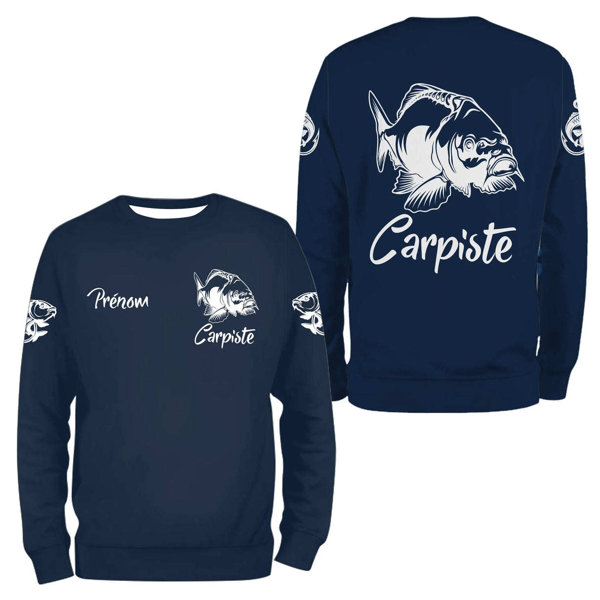 Sweat zippé pêche carpe bleu marine carpiste devant carpe stylisée prénom manche pêcheur personnalisé