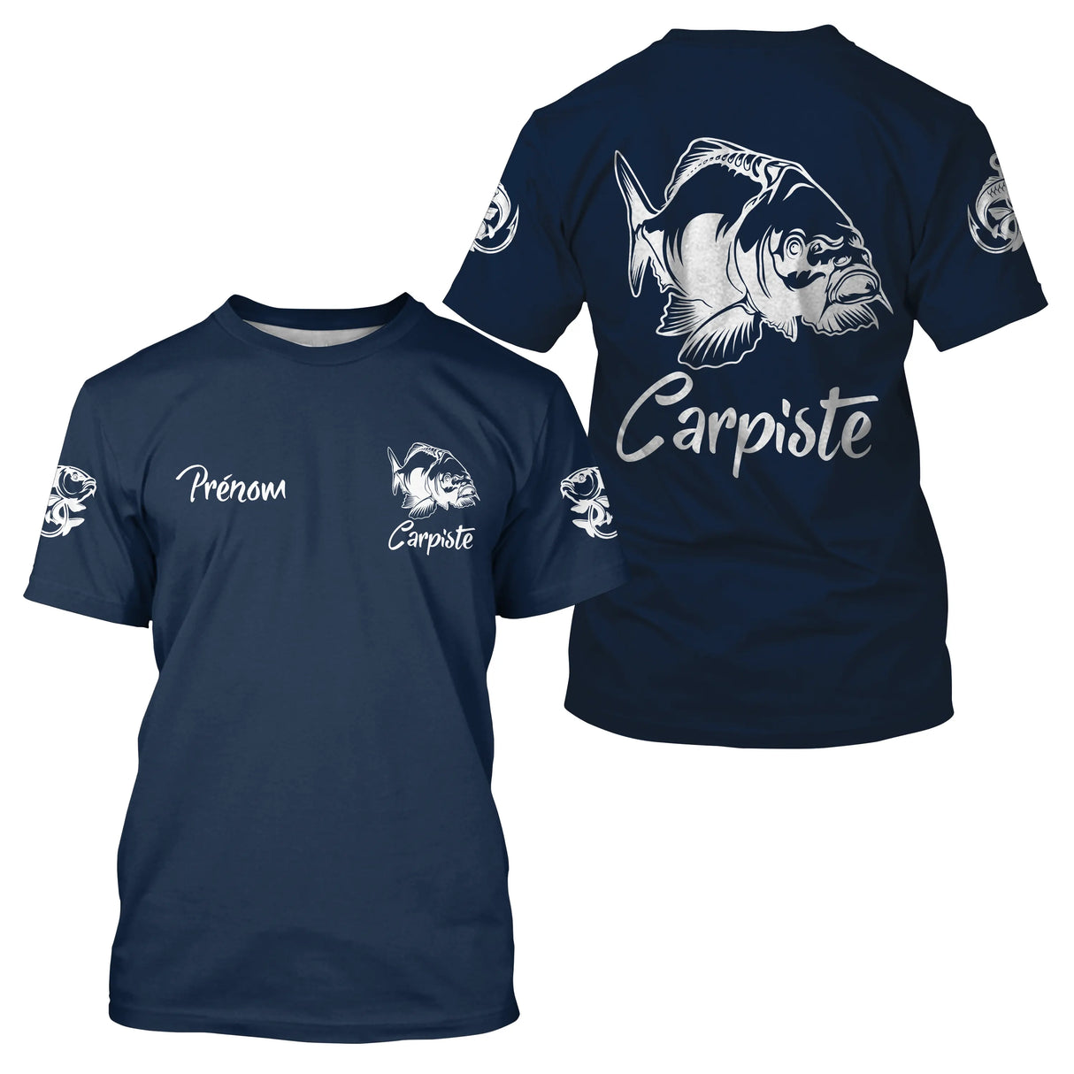 T-shirt pêche carpe bleu marine carpiste devant carpe stylisée prénom manche pêcheur personnalisé