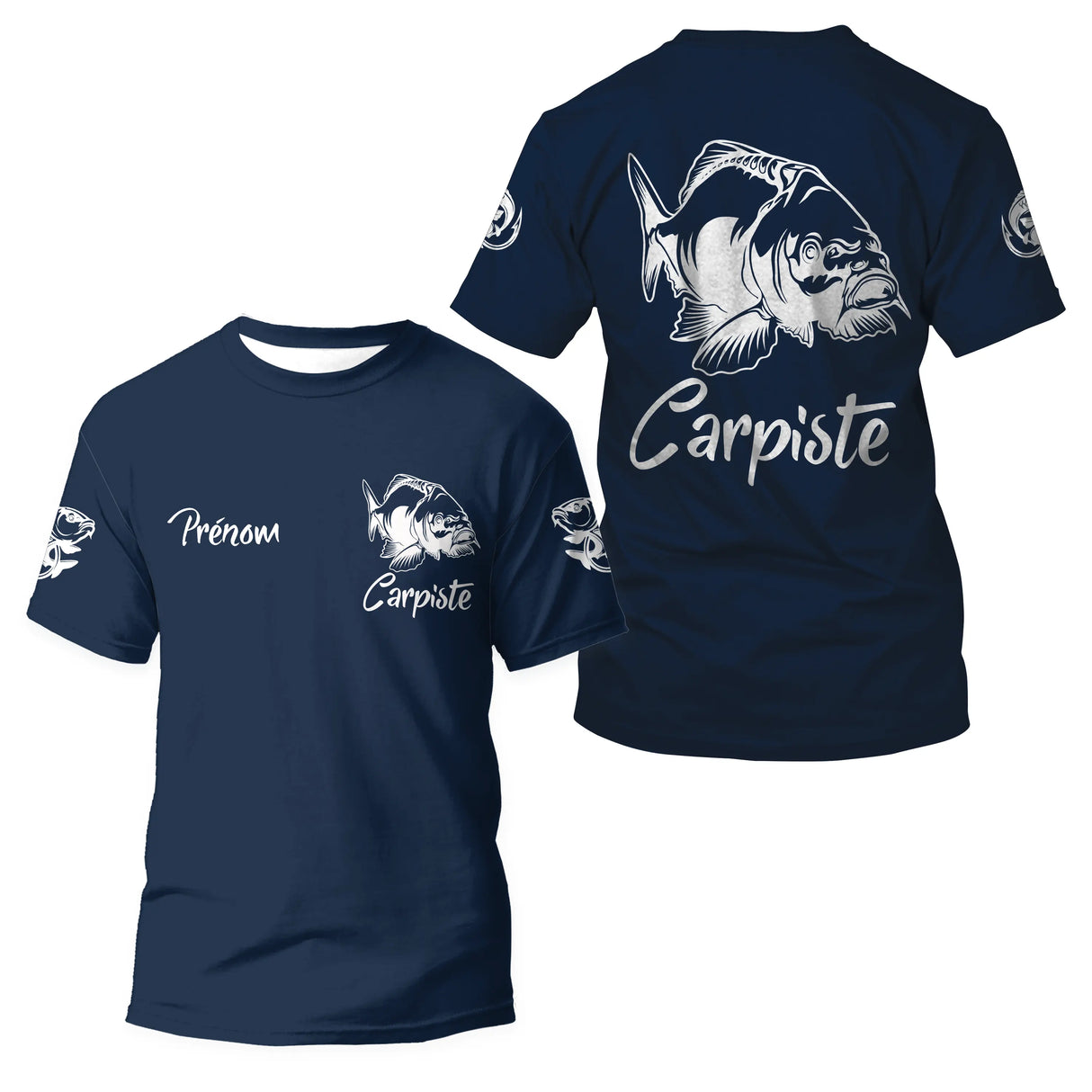 Anti-UV t-shirt à capuche pêche carpe bleu marine carpiste prénom pêcheur personnalisé