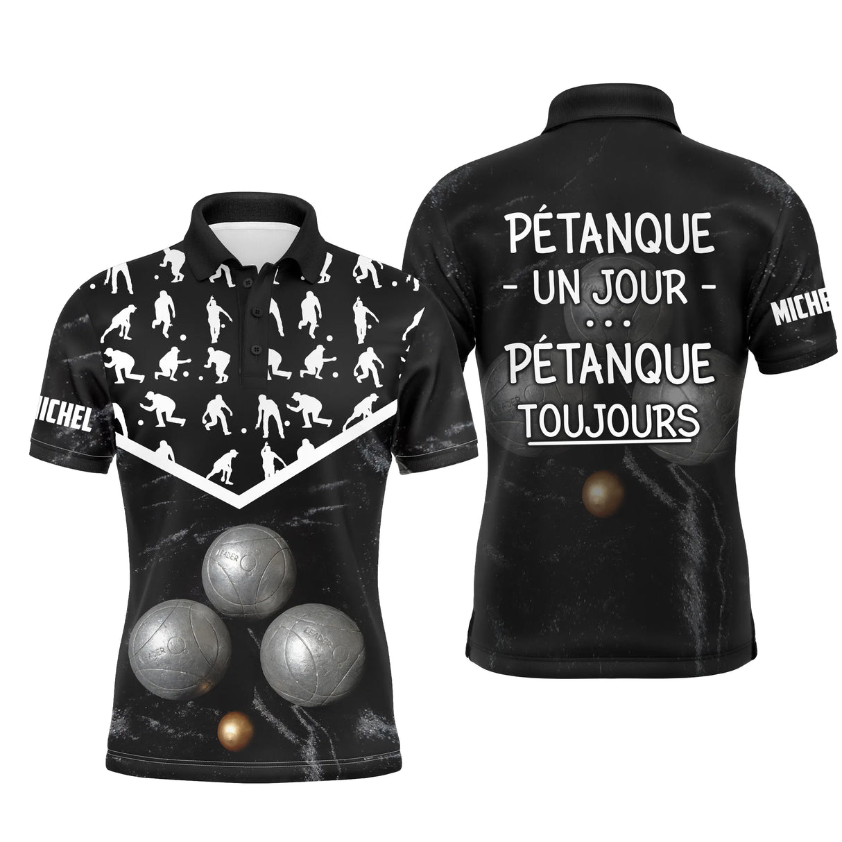 Polo pétanque personnalisé noir marbré avec silhouettes boulistes et lettrage Pétanque Un Jour Toujours, prénom imprimé