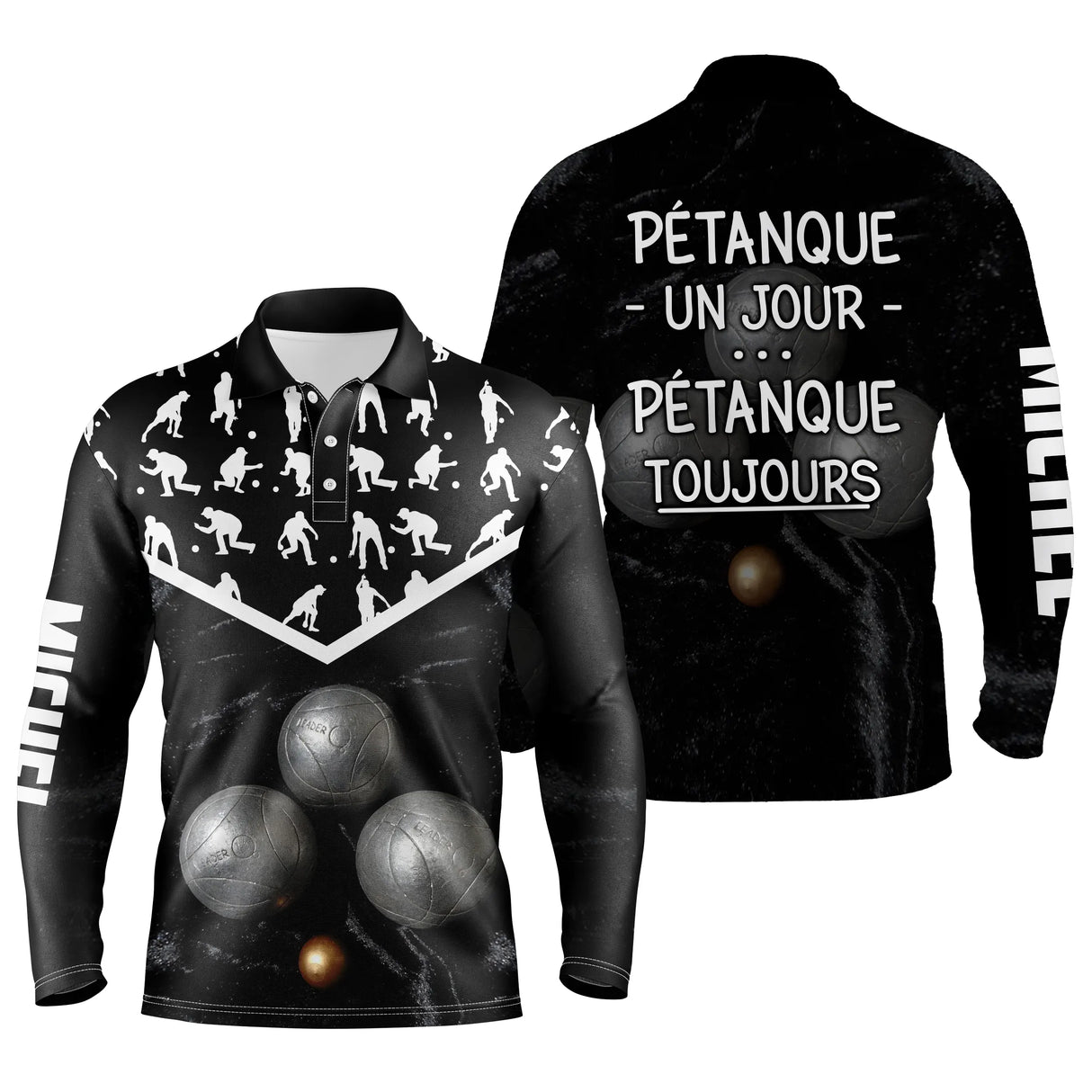 Polo pétanque manches longues unisexe noir, marquage prénom pour bouliste fidèle au boulodrome