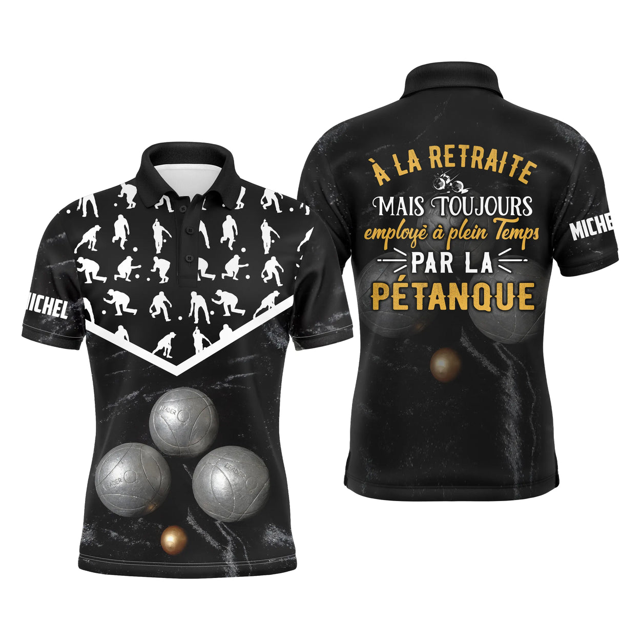 Polo pétanque noir silhouettes blanches joueurs lancer boules réalistes message à la retraite plein temps PRÉNOM