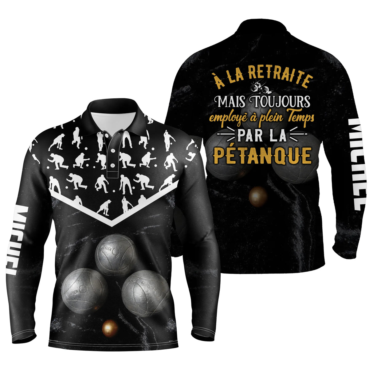 Polo pétanque noir variante coloris silhouettes joueurs blanches design retraité bouliste personnalisable