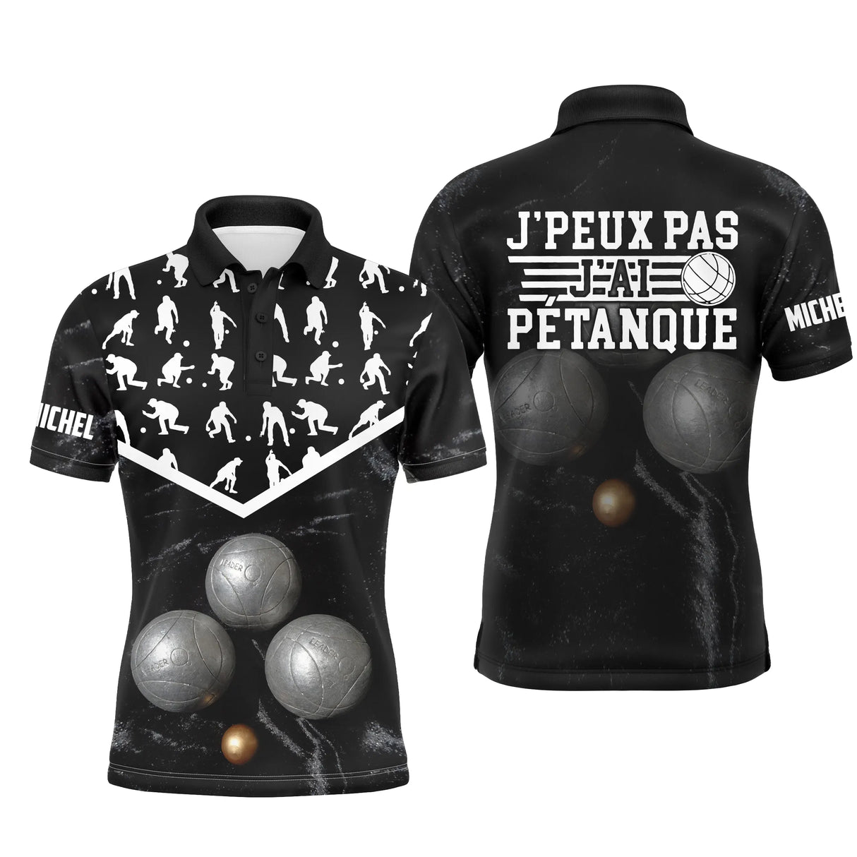 Polo pétanque noir mixte silhouettes blanches joueurs lancer boules réalistes j'peux pas j'ai pétanque PRÉNOM