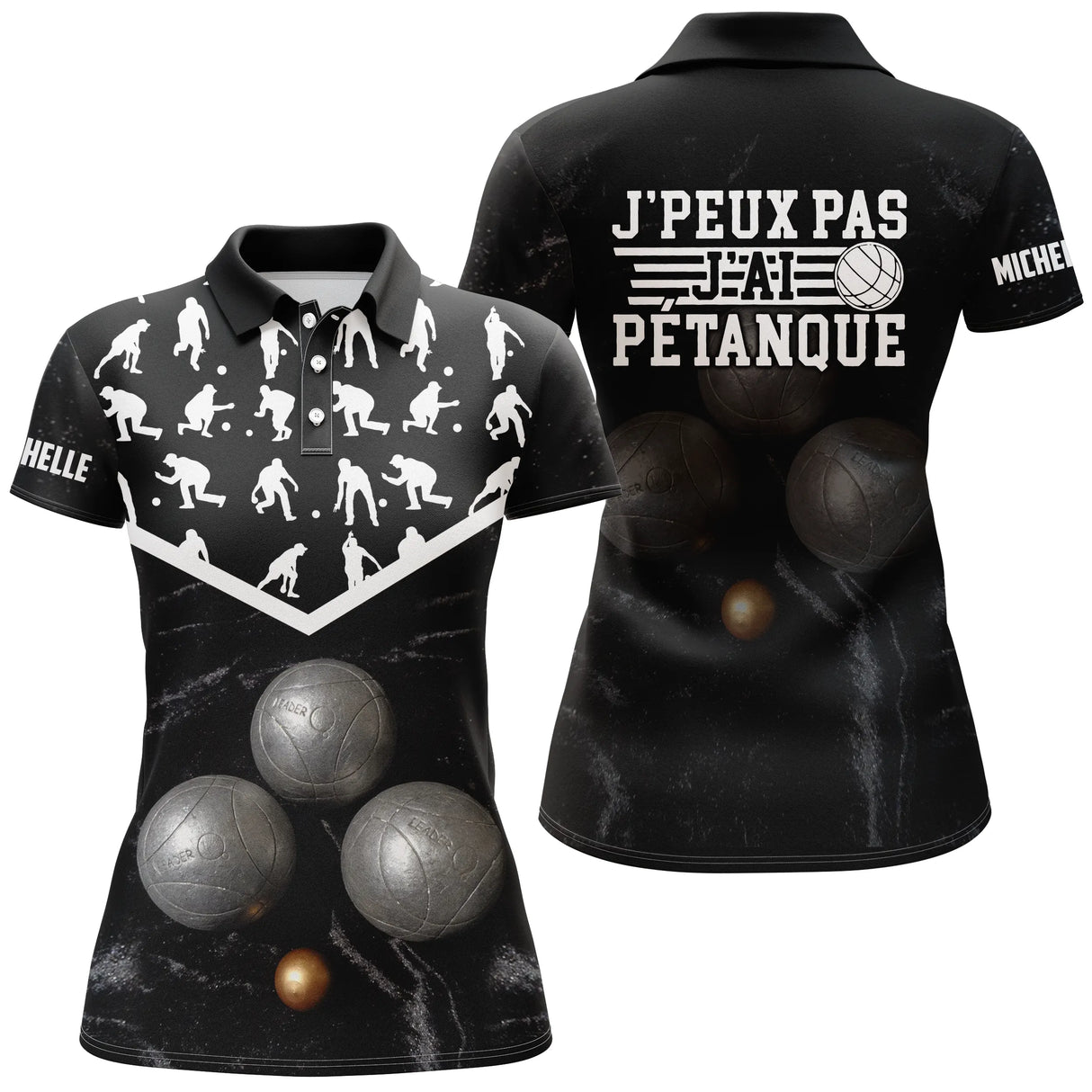 Polo pétanque noir mixte vue dos message j'peux pas j'ai pétanque silhouettes joueurs boules