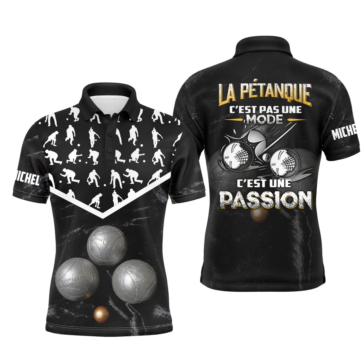 Polo pétanque personnalisé noir marbré avec silhouettes boulistes et lettrage La Pétanque c'est une passion, prénom imprimé