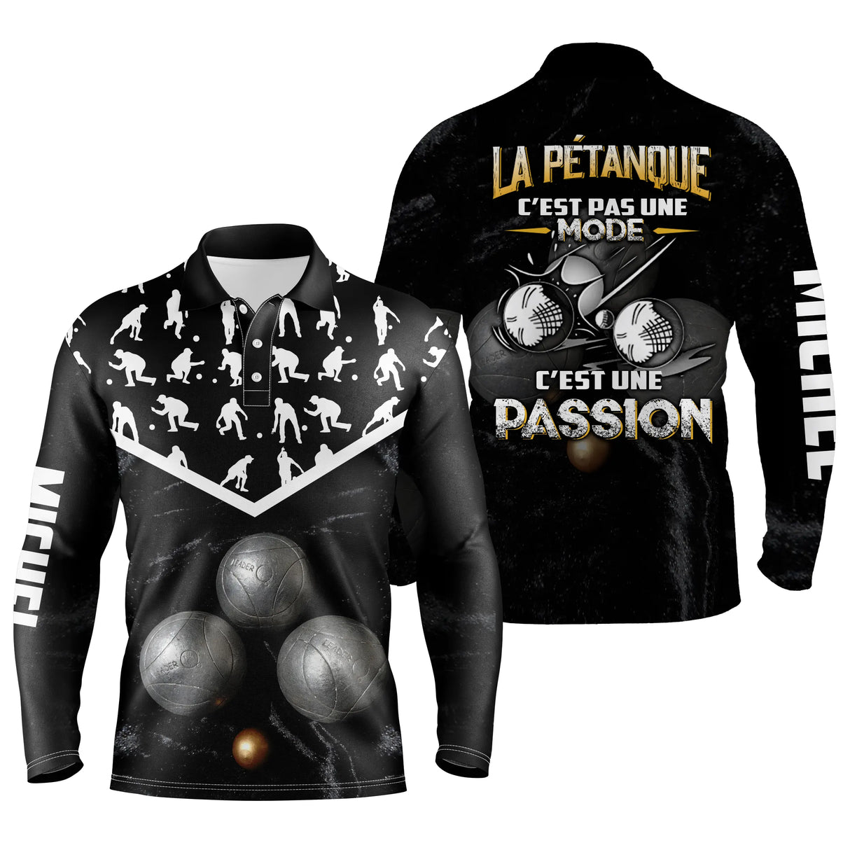 Polo pétanque manches longues unisexe noir, marquage prénom pour bouliste passionné fidèle