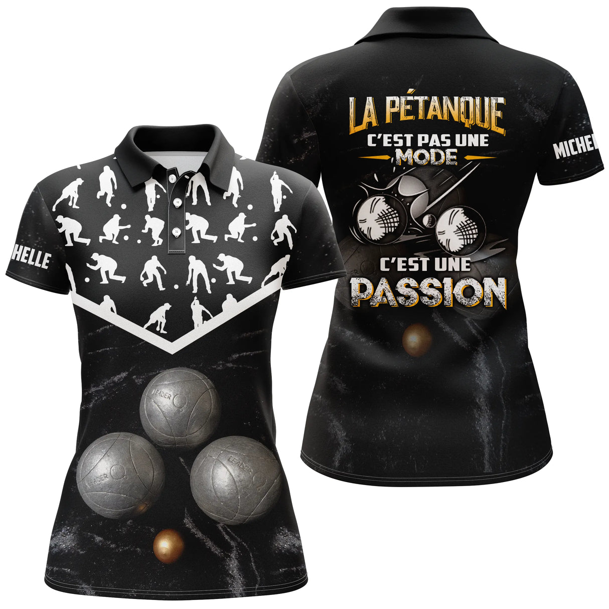 Polo pétanque homme femme manches courtes noir marbré, design bouliste personnalisable au prénom