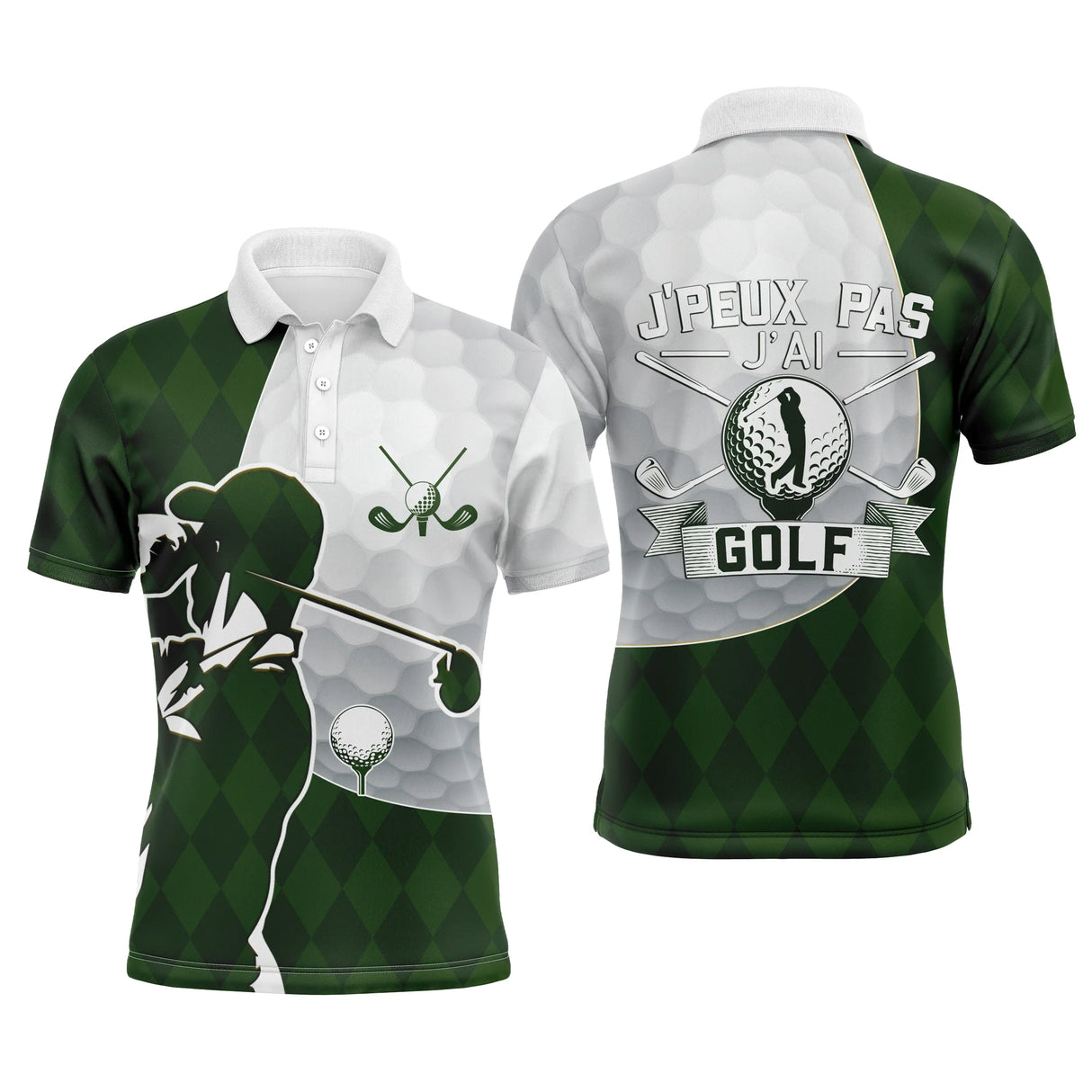 Polo de golf personnalisé homme vert forêt argyle avec silhouette golfeur et lettrage J'peux Pas J'ai Golf