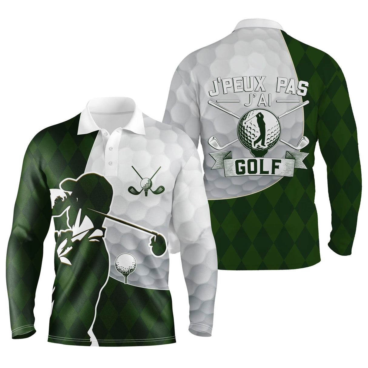 Polo de golf manches longues unisexe vert forêt argyle lettrage J'peux Pas J'ai Golf pour parcours frais