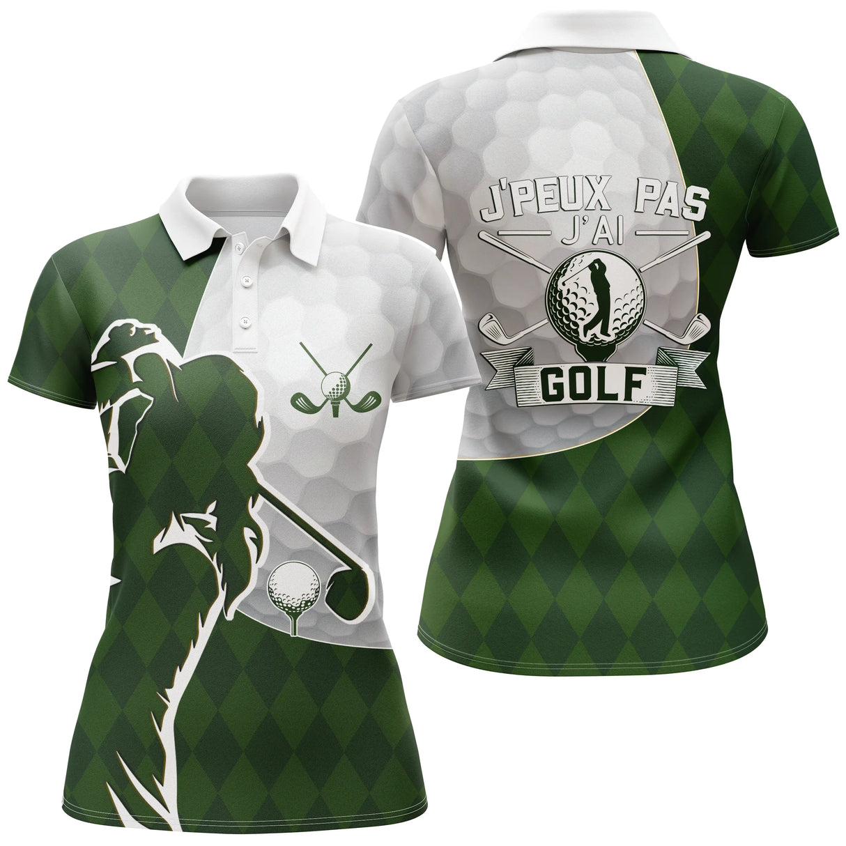 Polo de golf femme vert forêt argyle silhouette golfeuse lettrage humoristique coupe ajustée féminine