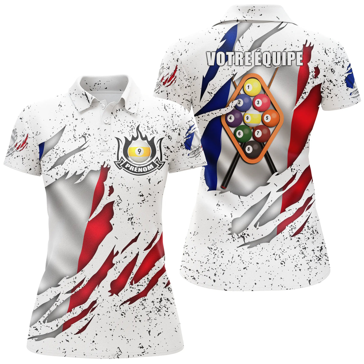 Polo billard tricolore femme avec drapeau France et boules de billard, prénom personnalisé