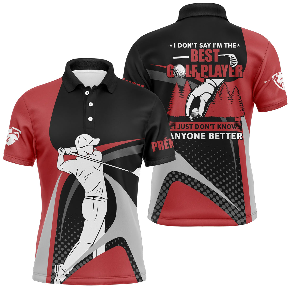 Polo golf rouge et noir homme avec slogan humour golfer et silhouette en swing, prénom personnalisé