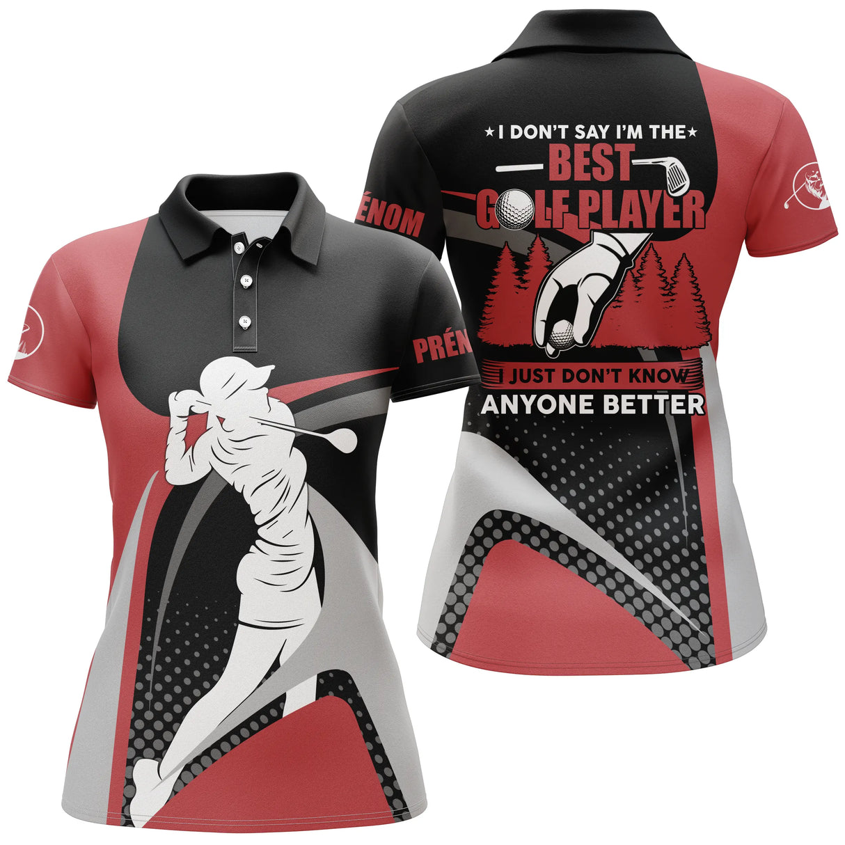 Polo golf rouge et noir femme avec inscription humoristique golfer et figure, prénom personnalisé