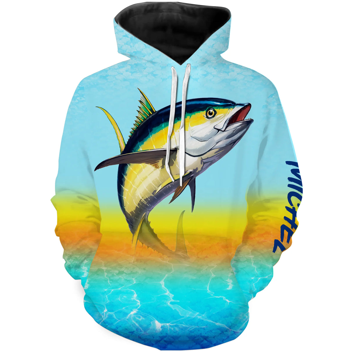 Sweat zippé pêche thon coucher de soleil, prénom brodé manche, vêtement halieutique unisexe