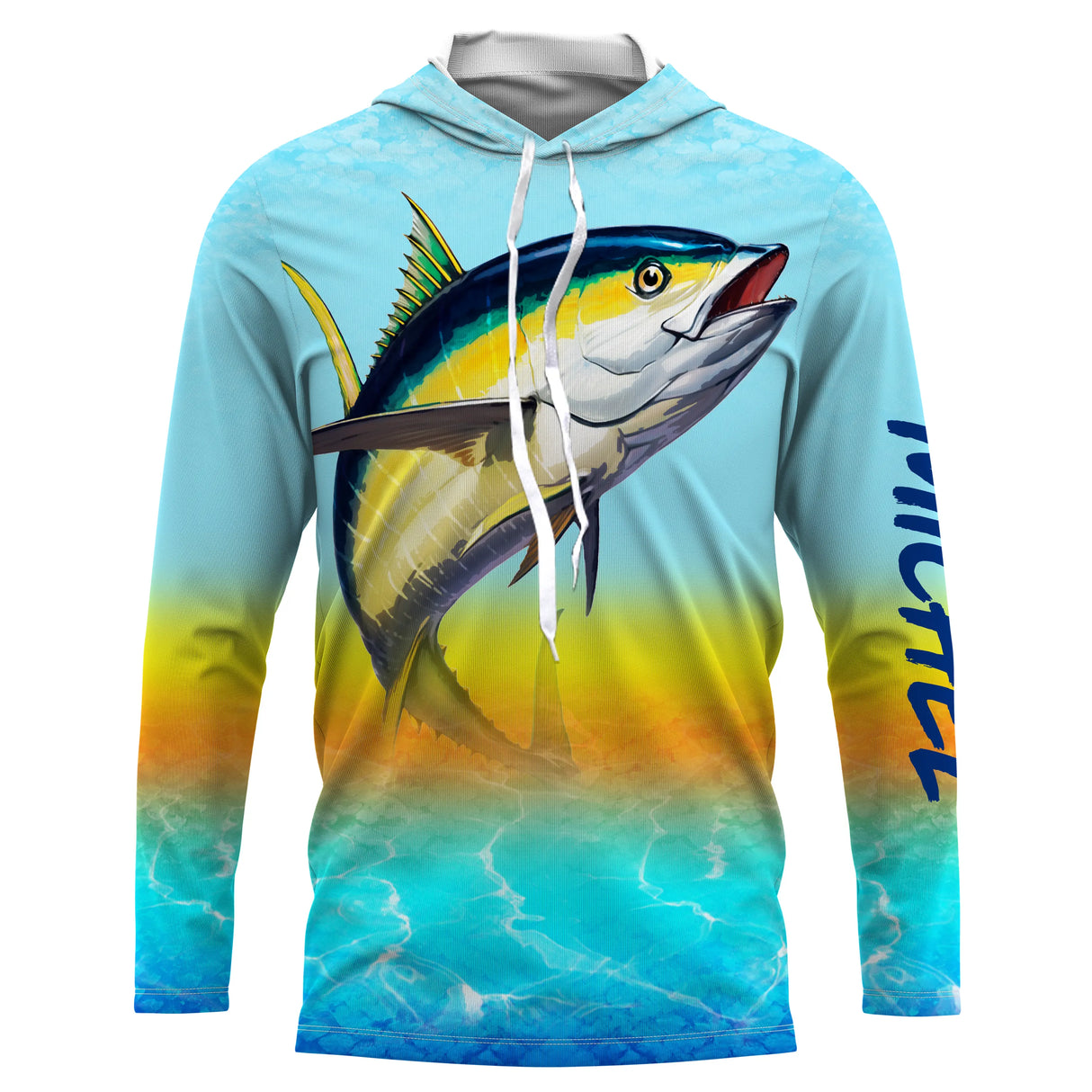 T-shirt anti UV à capuche pêche thon avec scène coucher de soleil, thon jaune en saut sur mer turquoise et ciel orangé