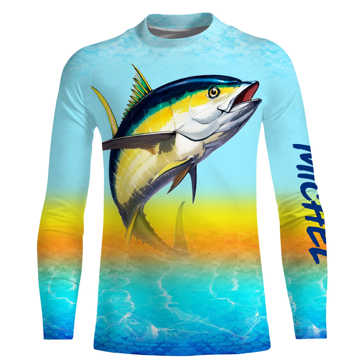 Tee shirt anti UV pêche thon vue dos, motif coucher de soleil et thon en action, vêtement technique pêcheur en mer