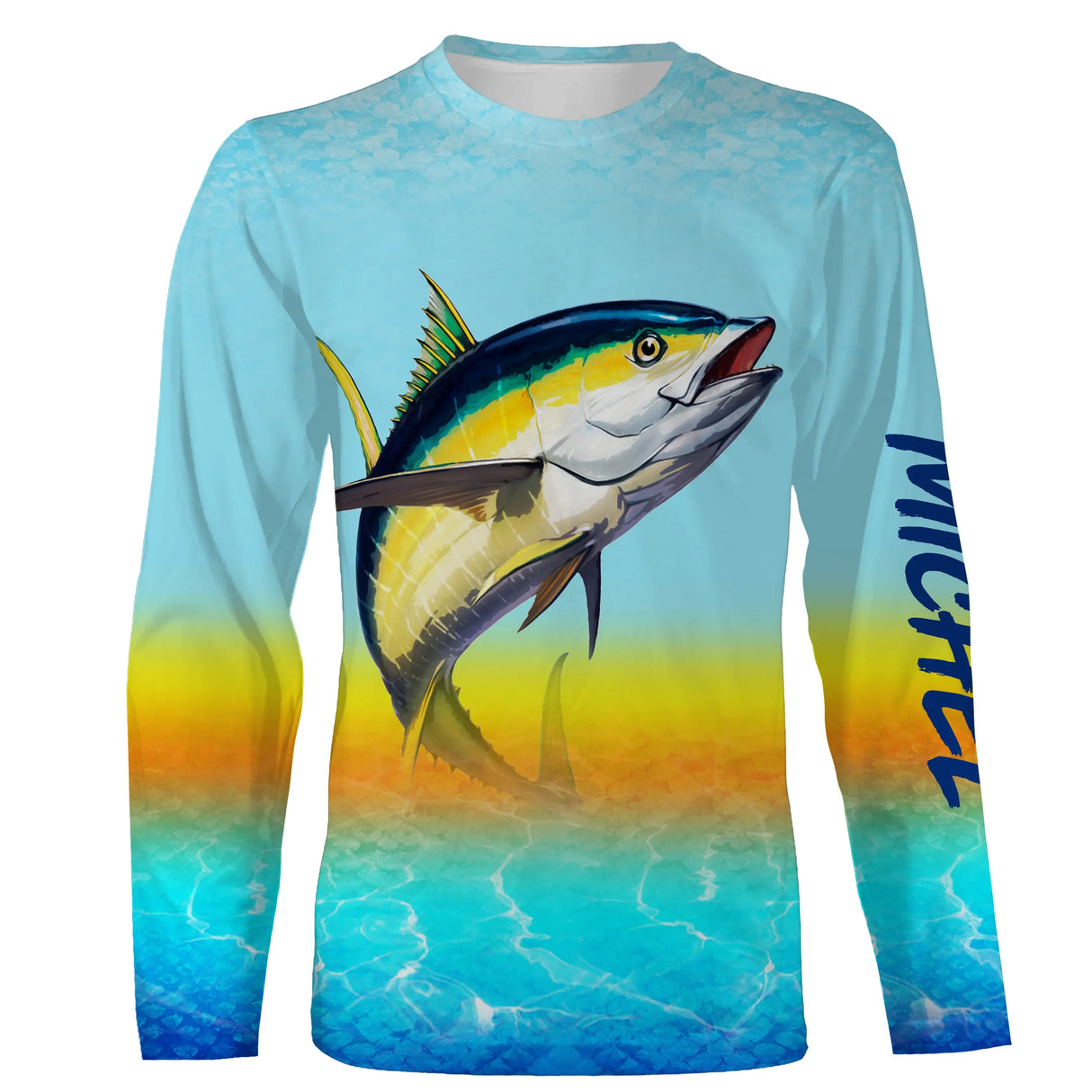 T-shirt manches longues pêche thon coucher de soleil, prénom brodé manche, vêtement halieutique unisexe