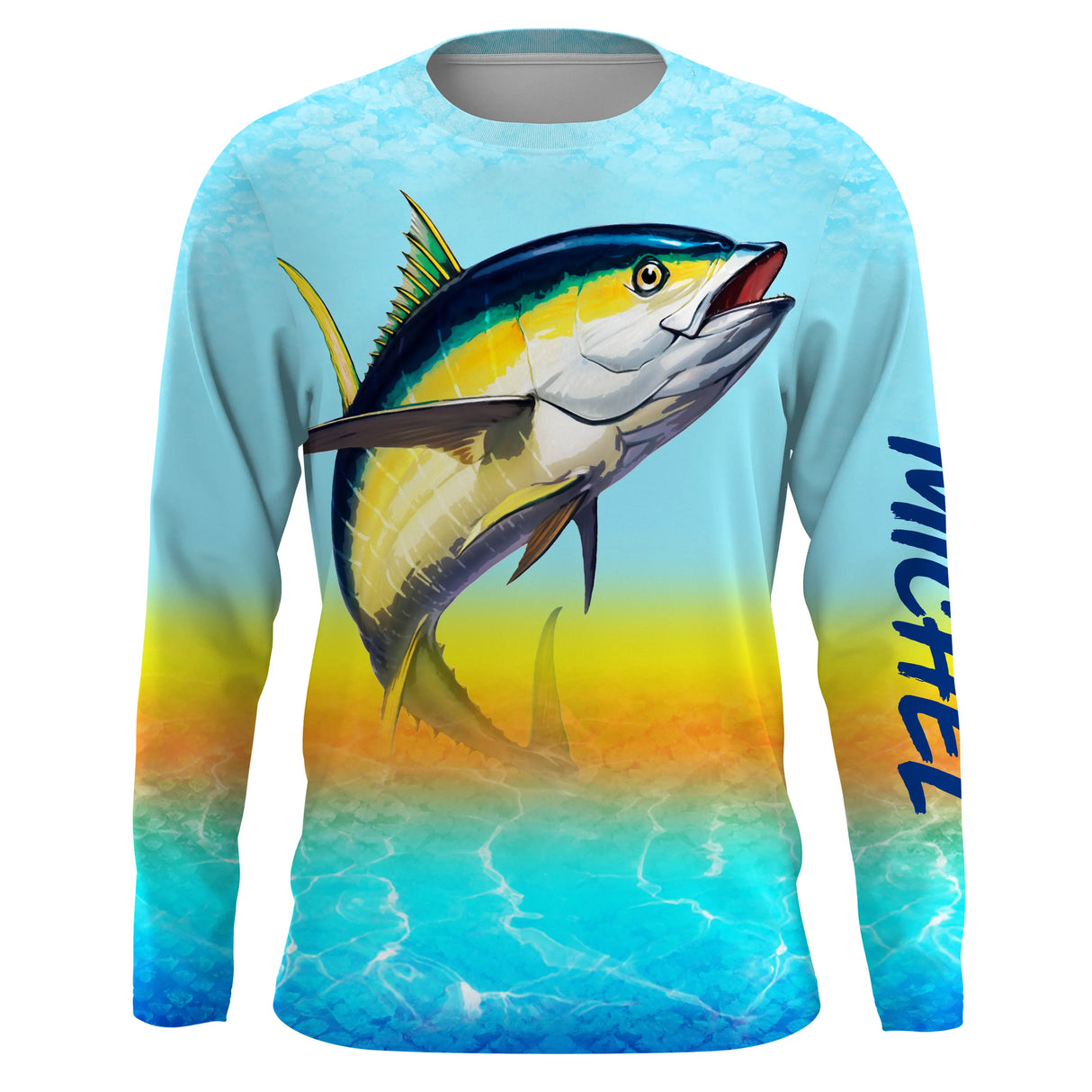 T-shirt anti UV manches longues pêche thon coucher de soleil, design solaire chaud et thon en action, vêtement halieutique
