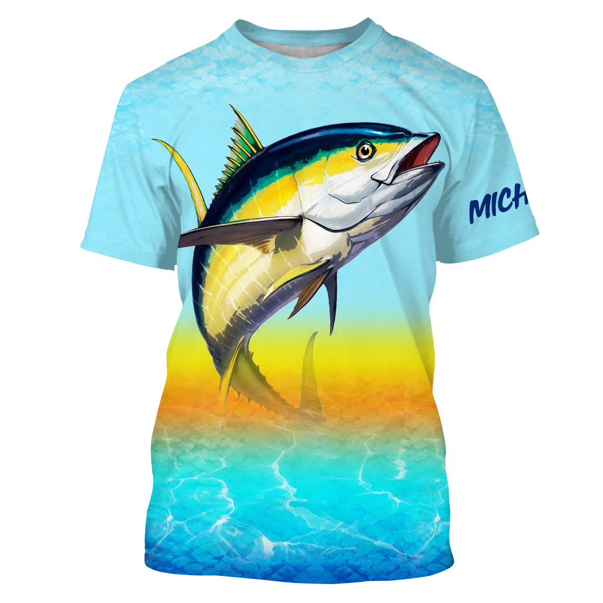 T-shirt manches courtes pêche thon, scène solaire avec thon jaune et mer turquoise, accessoire personnalisable pêcheur en mer