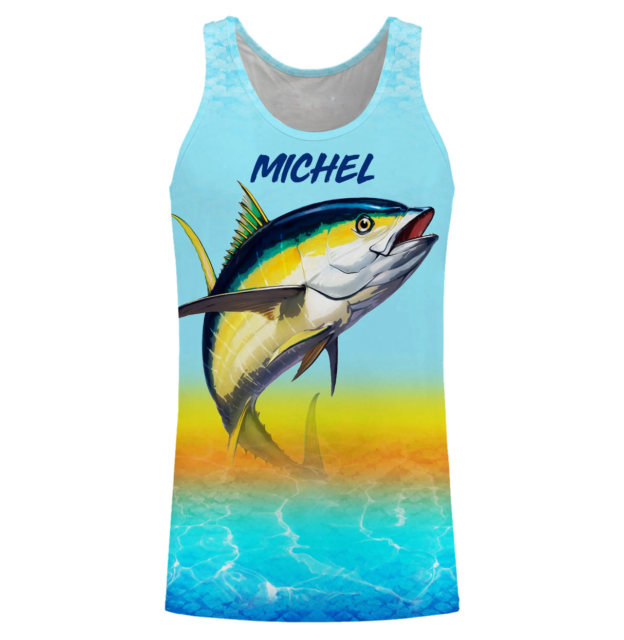 T-shirt halieutique pêche thon coucher soleil, coupe technique respirante, design solaire chaud, personnalisable prénom