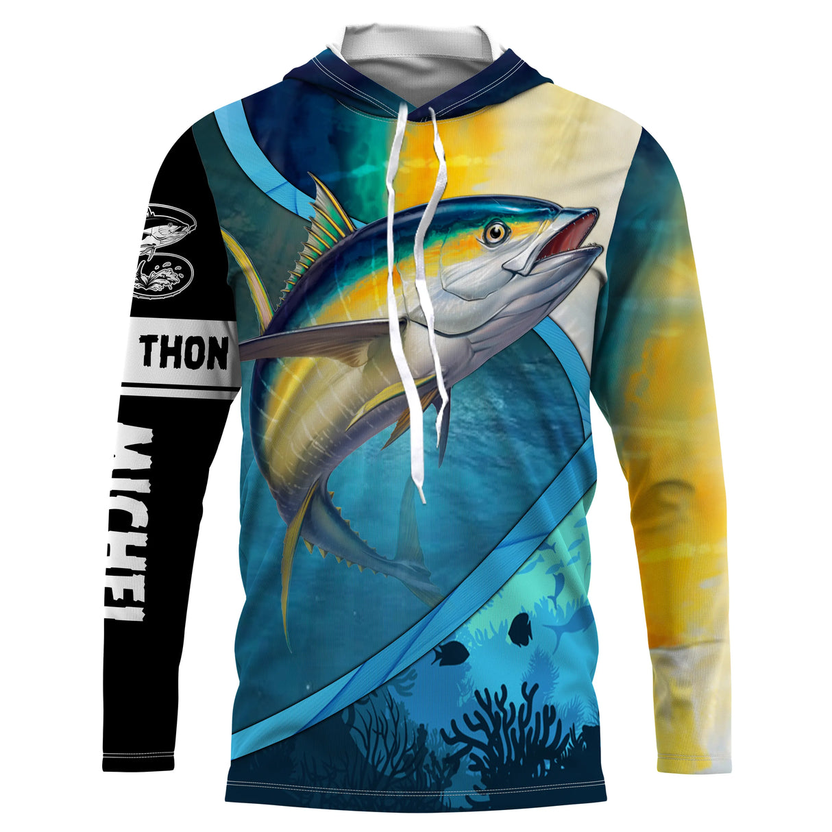 T-shirt anti UV à capuche pêche thon fond marin, thon jaune au-dessus de coraux et récifs sur fond bleu profond, prénom brodé