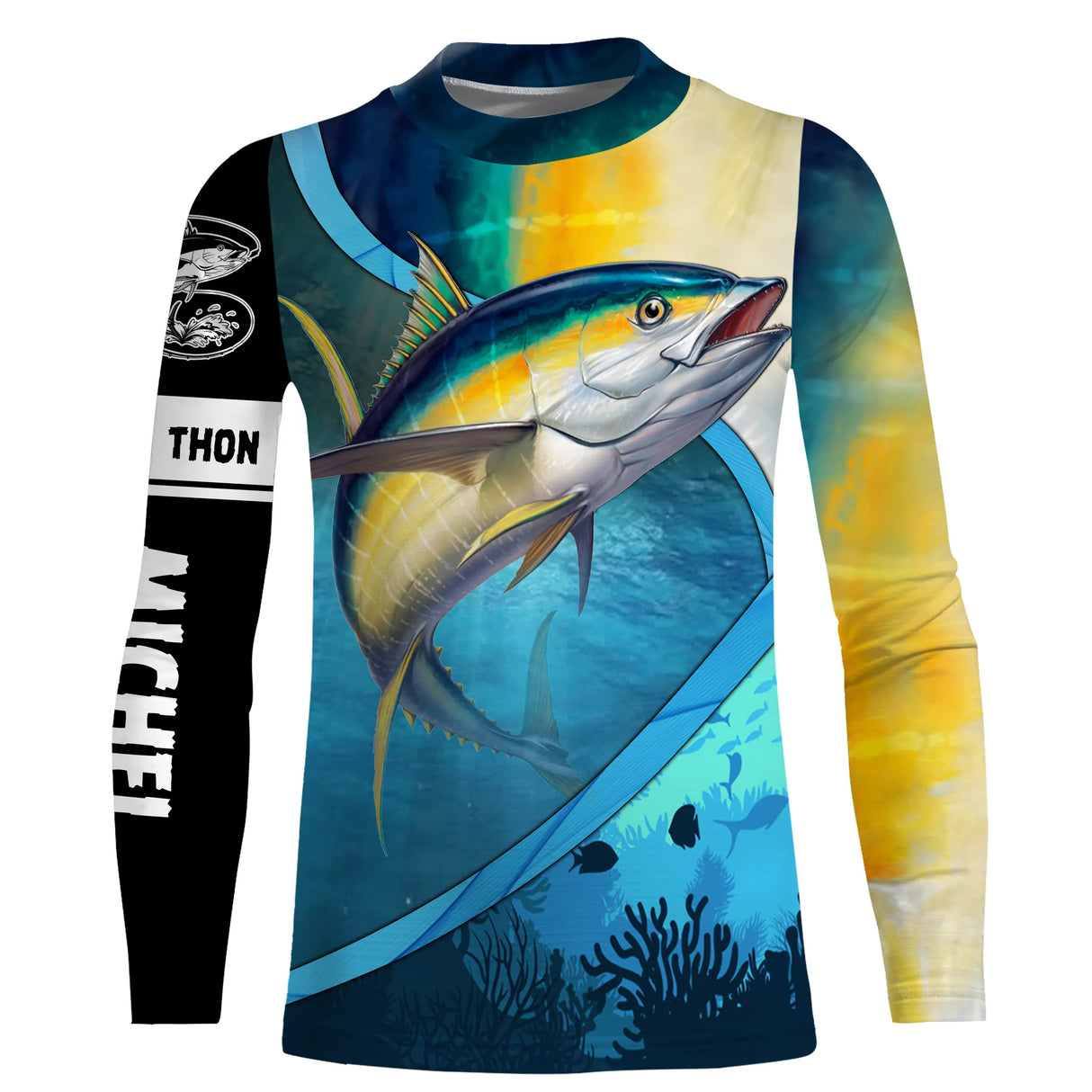 Tee shirt anti UV pêche thon fond marin vue dos, motif coraux et thon, vêtement technique pour pêcheur en mer