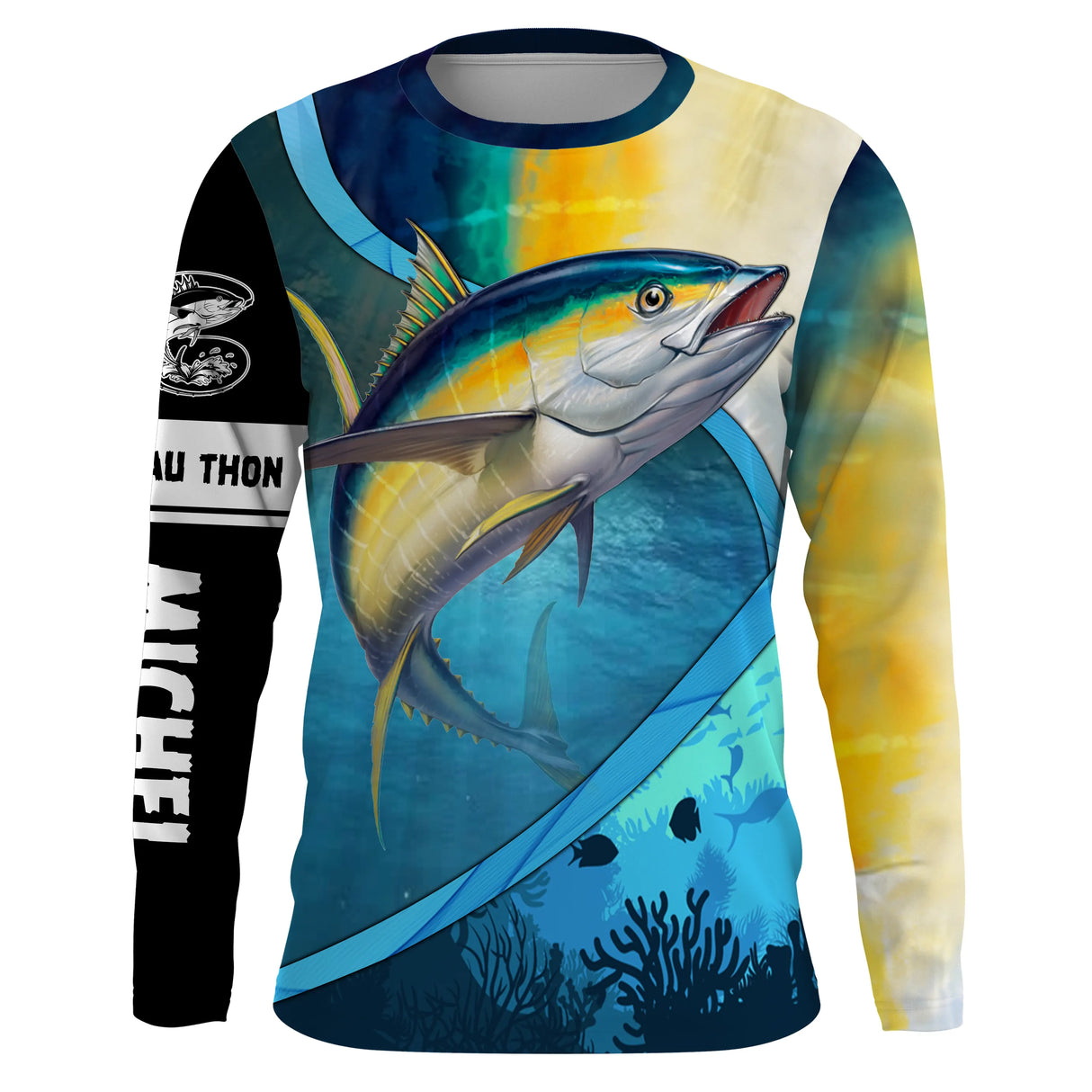 T-shirt anti UV manches longues pêche thon fond marin, scène sous-marine et coraux, vêtement halieutique pour pêcheur en mer