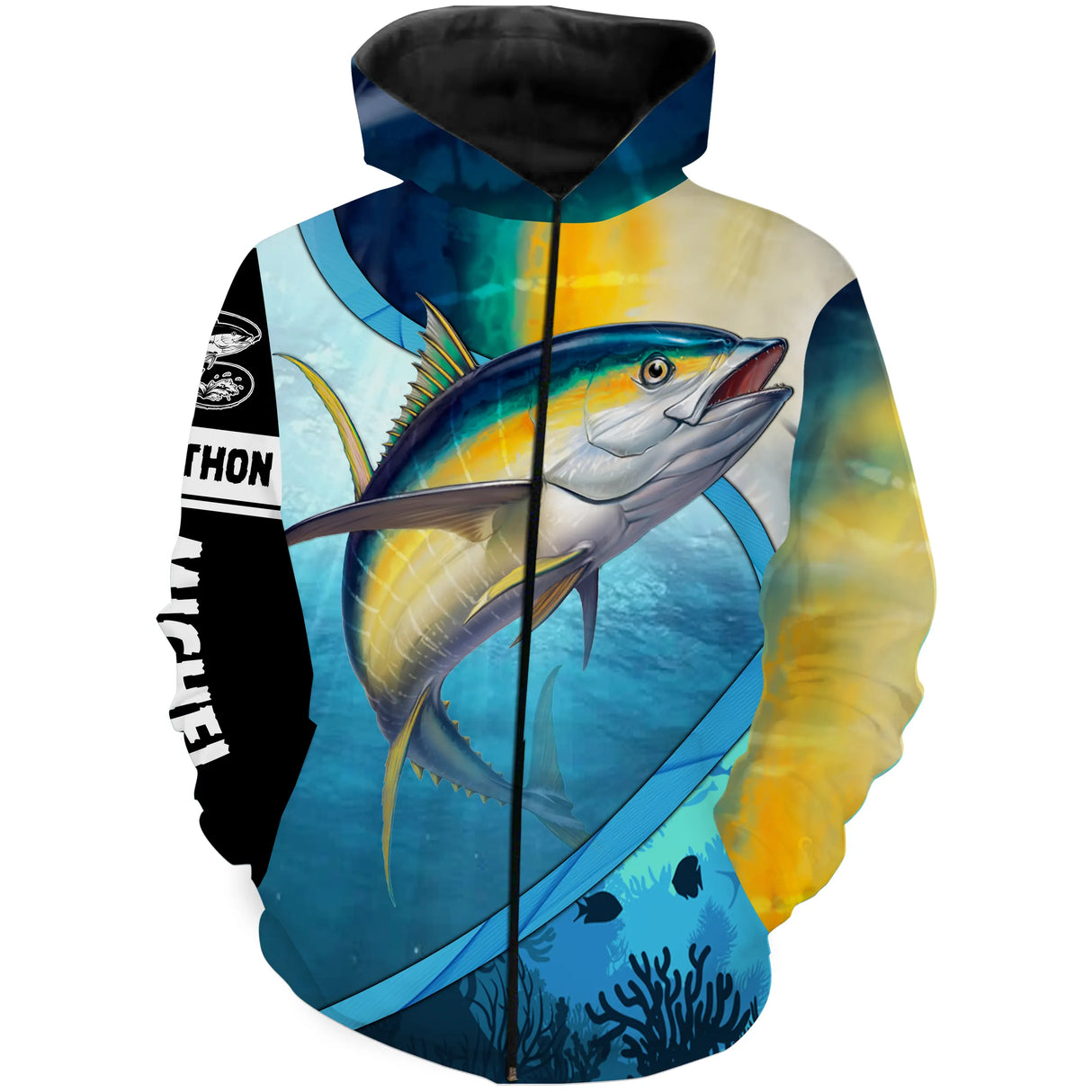 Polo zippé manches longues pêche thon fond marin, tenue technique pour skipper et plongeur personnalisée