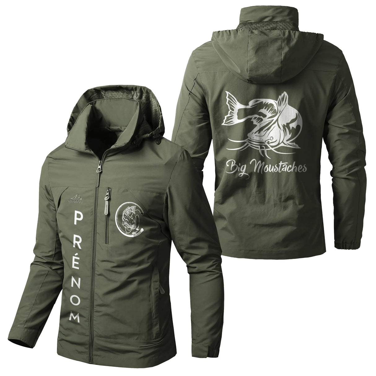 Veste imperméable coupe-vent pêche noire avec capuche, illustration silure et inscription Big Moustaches, prénom personnalisé