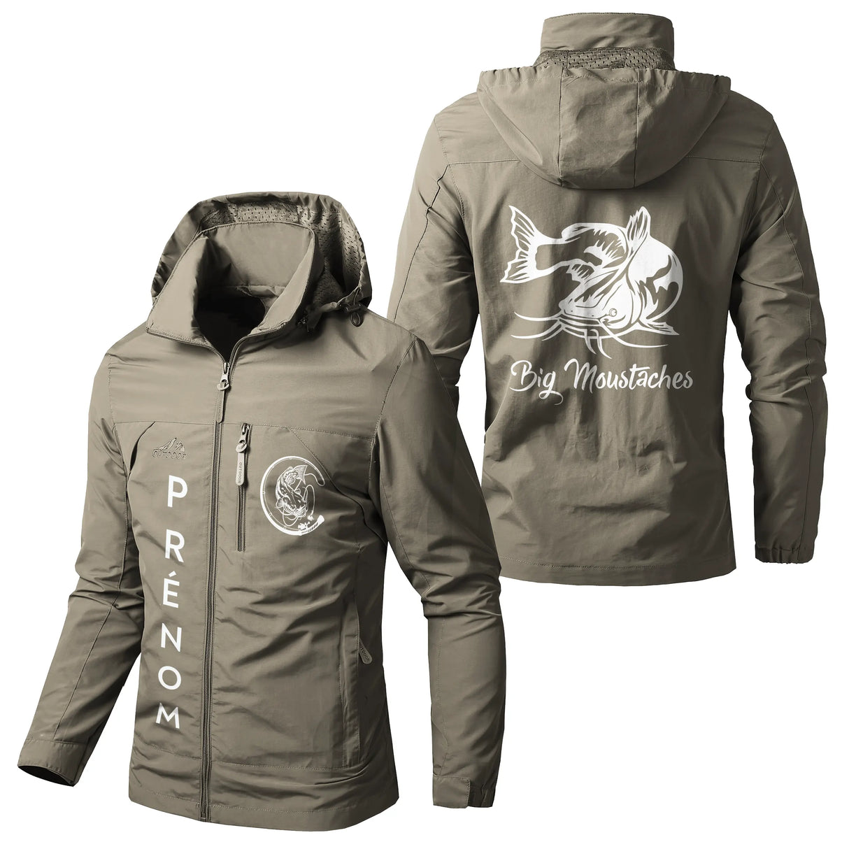 Veste imperméable coupe-vent pêche vert militaire avec capuche, silure stylisé, prénom personnalisé